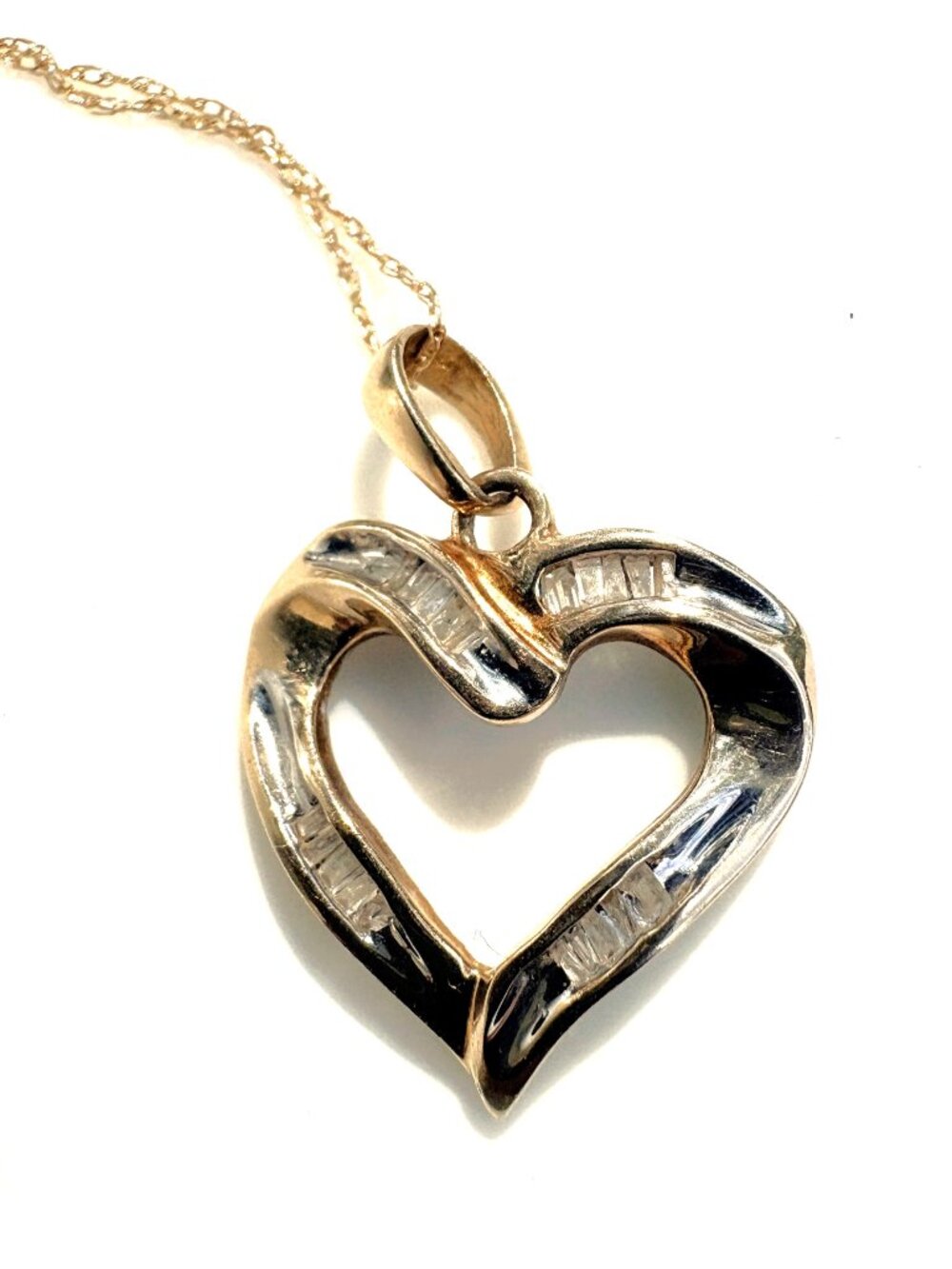 Vintage 10K Gold Diamond Baguette Ribbon Open Heart Pendant Fine Jewelry, Marked